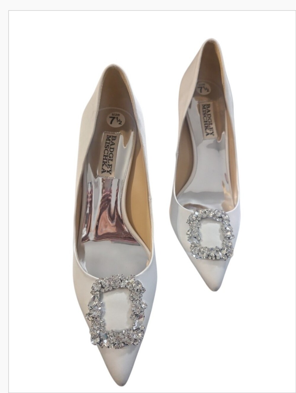Badgley Mischka Cher Crystal Buckle Satin Pumps White Size 7.5 - Picture 8 of 16